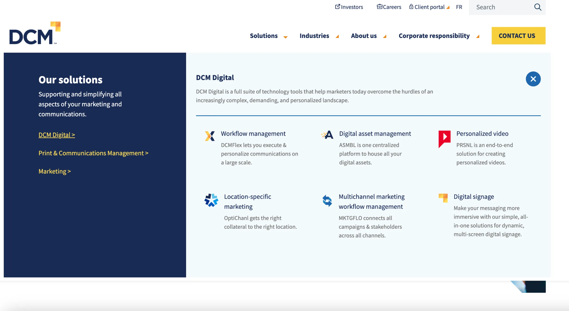 Expanded solutions menu with grouped categories and a short description under each service