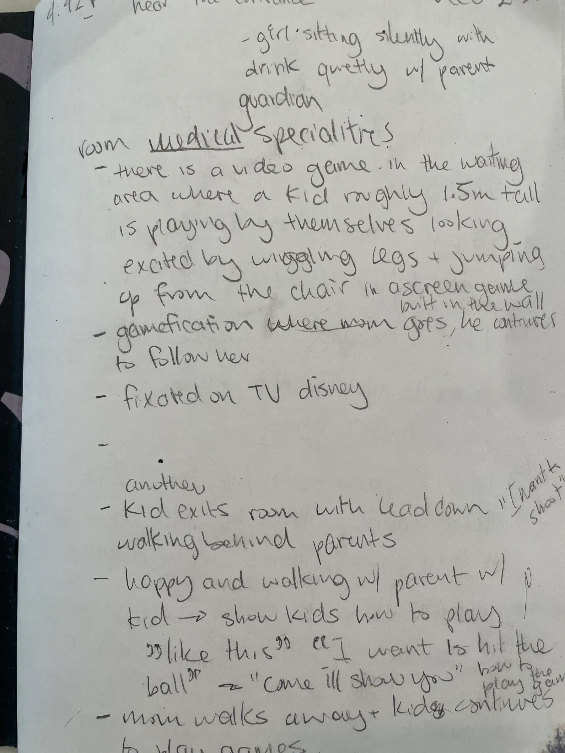 Handwritten observation notes describing children in the waiting area