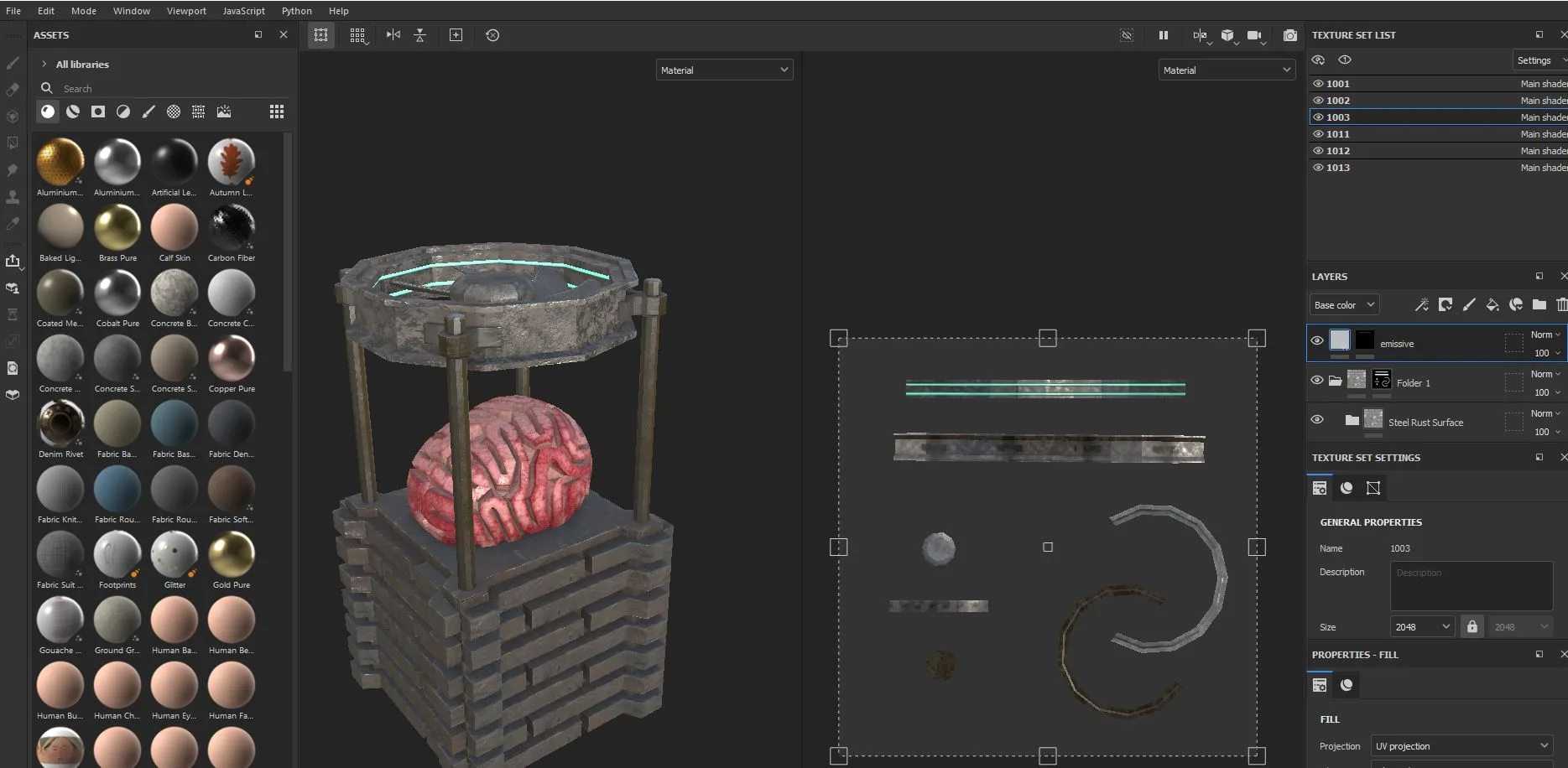 Substance Painter: the CPU brain under its canopy, textured pink against steel