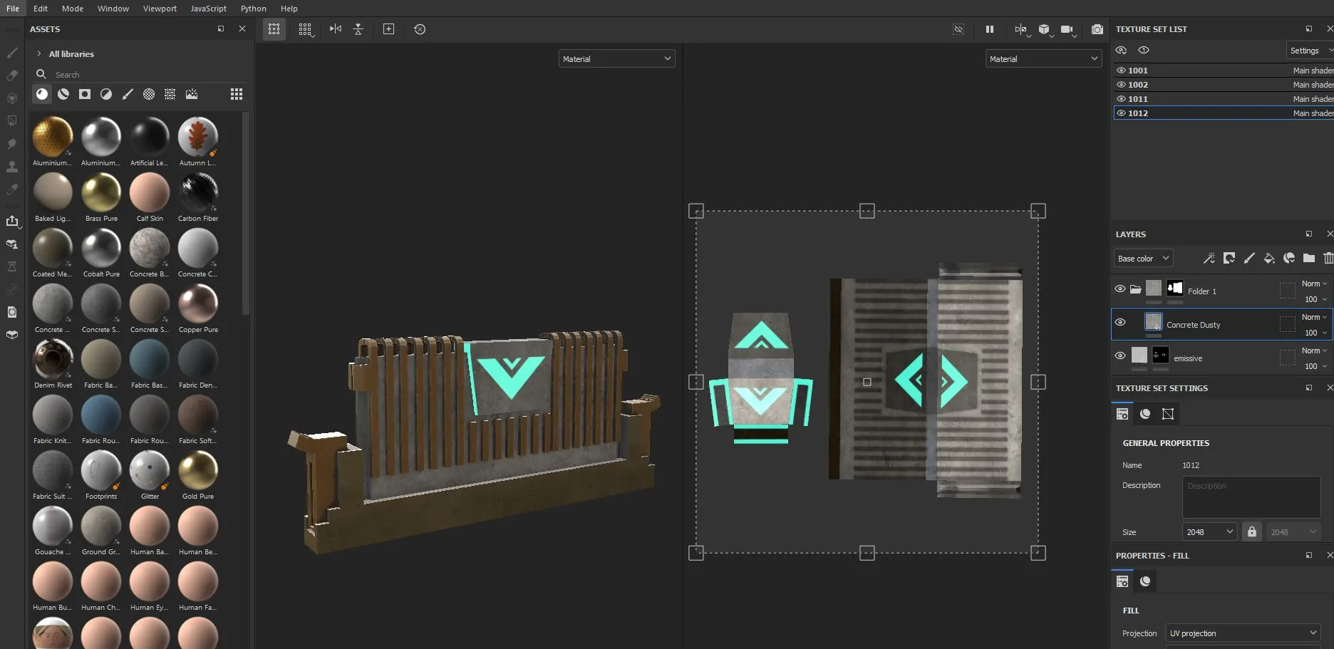 Substance Painter: the RAM tower textured in bronze and concrete with emissive arrows