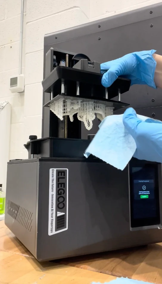 Lifting the build plate out of the Elegoo resin printer, with figurine parts hanging from supports