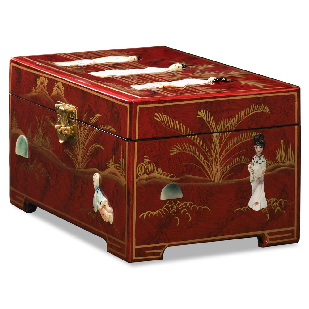 A red lacquered Chinese jewelry box with a brass clasp