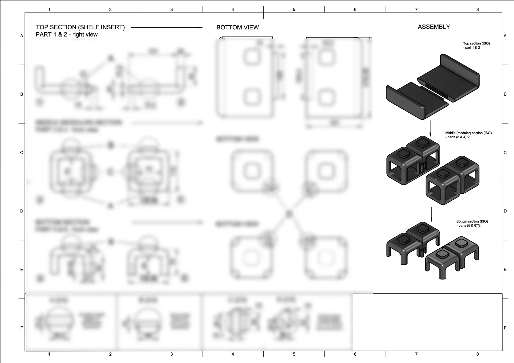 Tech sheet 1 of 2: section views, insert details and assembly of the modular shelf stand, with dimensions blurred